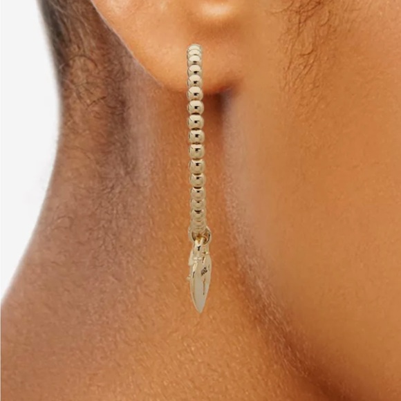 KARL LAGERFELD PARIS Gold-Tone Logo & Pavé Heart Padlock Charm Beaded C-Hoop - Picture 4 of 14